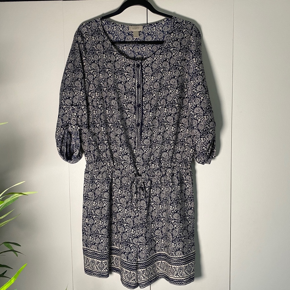 LOFT Romper Navy Blue and White Paisley Pattern